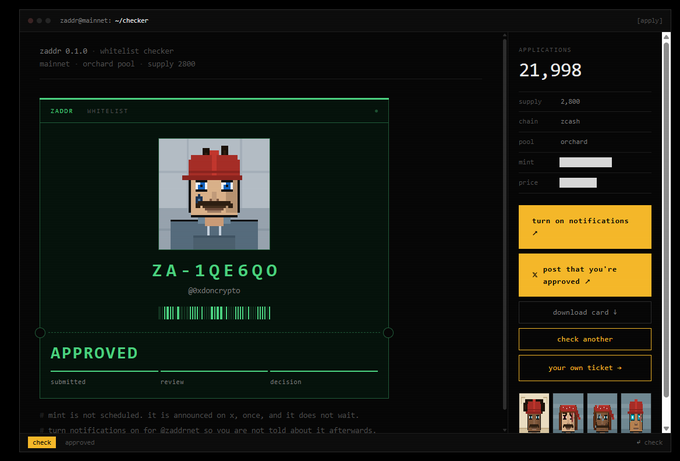 A Zador whitelist checker interface showing a pixel-art character with red hair labeled 'ZA-1QE6QO' by @todoncrypto, displaying 21,998 applications and an APPROVED status on a dark dashboard.