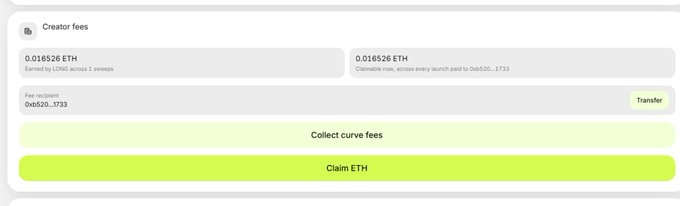 A creator fees dashboard showing **0.016526 ETH** earned and claimable from launch fee accruals (0x6520...1733), with options to "Collect curve fees" and "Claim ETH."

The image illustrates the post's context about sniping/farming on the Robinhood chain, showing a real example of the small but claimable ETH creator fees that snipers can accumulate from launch activity—tying into the poster's lament about a big shot farming $600 worth of fees.