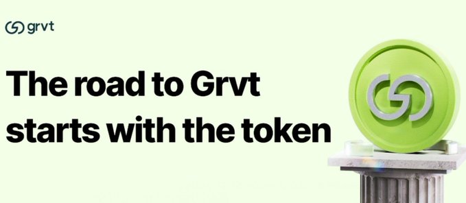 A Grvt promotional banner reads, “The road to Grvt starts with the token,” beside a large green Grvt coin resting on a pedestal.