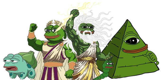 A lineup of Pepe variations depicted as Greek gods and mythological figures, including a lightning-wielding Zeus Pepe, a laurel-crowned warrior Pepe, a Bulbasaur-like creature, a small caterpillar, and a pyramid-shaped all-seeing eye Pepe, illustrating a "Wiggle Wednesday" collection of rare Pepes starting from the 2023 Pepe Worm.