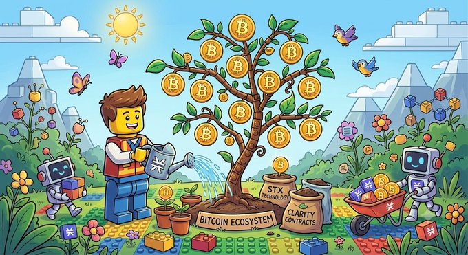 A Lego-themed crypto illustration showing a figure watering a Bitcoin tree, surrounded by robots, butterflies, and "STX CLARITY CONTRACTS" labels.