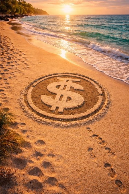 A dollar symbol is etched into the sandy shoreline as the sun sets over the ocean, with footprints trailing alongside. The image visually reinforces the post's focus on stablecoins like USDD by symbolizing their tangible utility and lasting imprint on the evolving DeFi landscape.