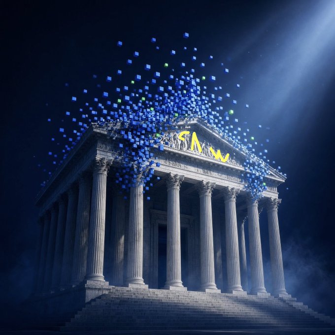 A classical Greek-style temple at night with glowing blue and green cubes exploding from its roof, featuring a yellow 'SAW' logo on the pediment.