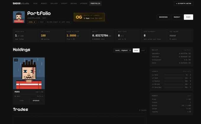 A screenshot of a 'Portfolio' page on BADD0 studio with the user 'MINTRO_WINTER' displayed, showing stats like 100 points and a wallet balance of 0.03172704 bc, alongside a pixel-art avatar holding the NFT #1831.