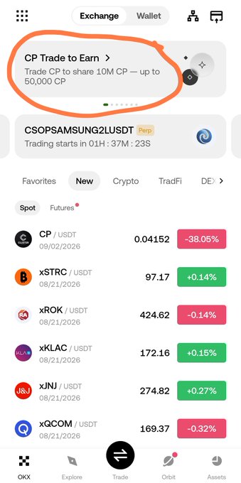 A mobile app interface displaying a crypto exchange with a 'CP Trade to Earn' promotion circled in orange, and listed cryptocurrencies including CP/USDT, xSTRC/USDT, xROK/USDT, xKLAC/USDT, xJNJ/USDT, and xQCOM/USDT.