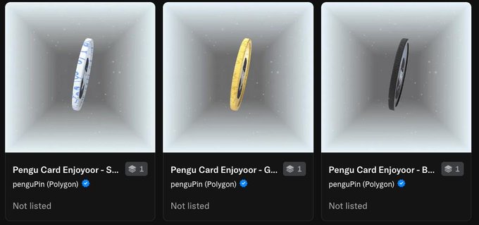 Three NFT listings displayed for 'Pengu Card Enjoyoor' digital collectibles in silver, gold, and black variants, all marked as 'Not listed' from penguPin (Polygon).