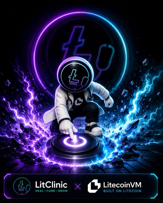 An astronaut with a Litecoin "Ł" symbol on its helmet presses a glowing purple button amid crackling neon energy, with the "LitClinic — Heal · Fund · Grow" and "LitecoinVM — Built on Litecoin" logos displayed below. The image visualizes the post's message of persistent, community-driven progress by depicting an action that actively powers forward momentum on the LitecoinVM platform.