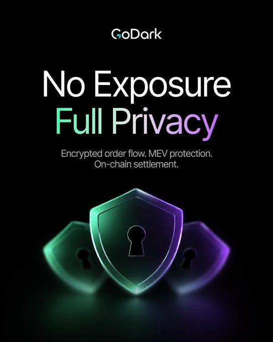 The image is a promotional graphic for GoDark featuring three glowing teal and purple shield icons against a black background, with bold text reading "No Exposure, Full Privacy" and a tagline highlighting "Encrypted order flow. MEV protection. On-chain settlement." The design visually reinforces the post's message about private, shielded trading with no public orderbook exposure.