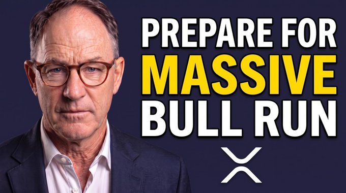 The image features a man in glasses and a suit next to bold text reading "PREPARE FOR MASSIVE BULL RUN" with an XRP logo, promoting a YouTube video about Ripple's role for institutional-scale adoption.
