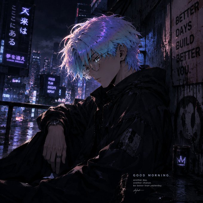 Anime-style illustration of a silver-haired youth in a black jacket sitting against a neon-lit cityscape with signs reading 'CHASE DREAMS', 'FOCUS PLAN EXECUTE REPEAT', 'BETTER DAYS BUILD BETTER YOU', and 'GOOD MORNING.'