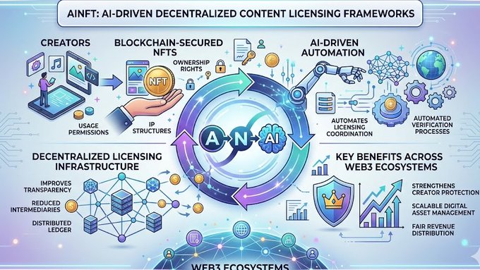 The image features a large, colorful poster that explains the concept of AI-driven content licensing. The poster includes various illustrations and diagrams depicting different aspects of this technology, such as blockchain, decentralized systems, and automated rights management. It also highlights the importance of transparency in ownership verification and the need for creators to demand it from platforms. The post itself is titled "AINFT AI-driven decentralized content licensing frameworks" and provides a list of benefits that can be gained by implementing these systems.

The poster's design is visually appealing, with its use of colors and illustrations making the information easily digestible and engaging. It effectively communicates the core concepts behind AI-driven content licensing while also addressing the concerns and expectations of creators in this rapidly evolving field.