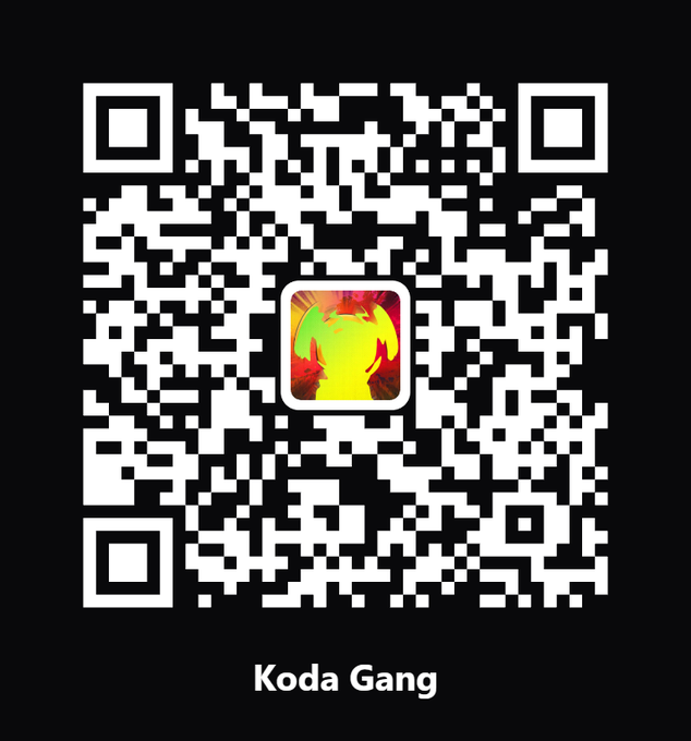 A QR code with a colorful central icon of hands reaching toward a glowing yellow orb, labeled 'Koda Gang' at the bottom.