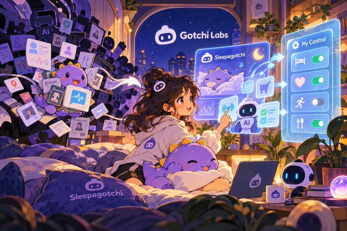 An anime-style illustration for 'Gotchi Labs' shows a girl surrounded by floating digital elements, a purple plush toy, and a 'Sleepagotchi' control interface panel.