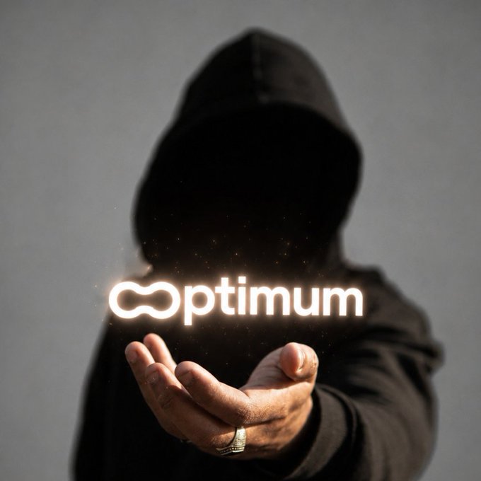 A hooded figure holding out their hand, with a glowing light illuminating the word 'optimum' above their palm.