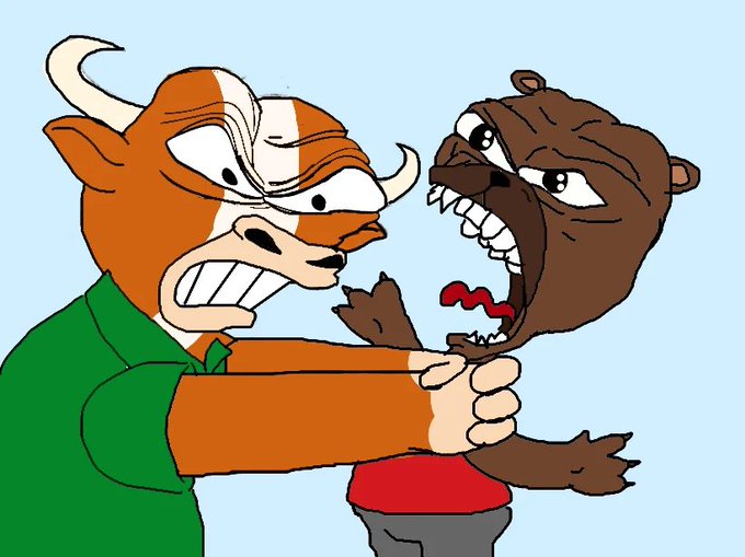 A cartoon illustration depicting a bull with a fierce expression grabbing a bear that has its mouth wide open, symbolizing the classic bull vs bear market rivalry.