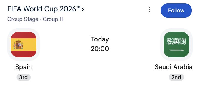 The image shows a screenshot of a social media post about the FIFA World Cup 2026. The post includes two images, one showing the flags of Spain and another displaying the flag of Saudi Arabia. The text on the post indicates that the event is scheduled for June 22nd at 20:00. The post also mentions that there are 100 people predicting the correct score for this match between the two teams.