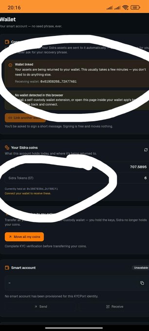 A mobile screenshot of the Sidra Wallet app displays a "Wallet linked" notification indicating assets are being returned to a wallet (address 0xe819b8268...72A77AB1), along with a "Your Sidra coins" section showing 707.5895 Sidra Tokens (ST) at a held rate of 0x3B9783B2...2c738CF1. The circled error messages, including "no wallet detected in this browser," illustrate the syncing issue where users cannot transfer their tokens despite successful linking.