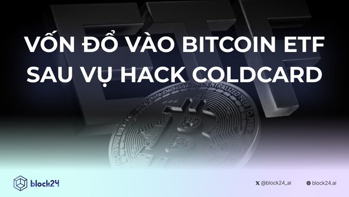 A graphic with text 'VỐN ĐỔ VÀO BITCOIN ETF SAU VỤ HACK COLDCARD' showing a Bitcoin coin against a dark background, with the block24.ai logo.
