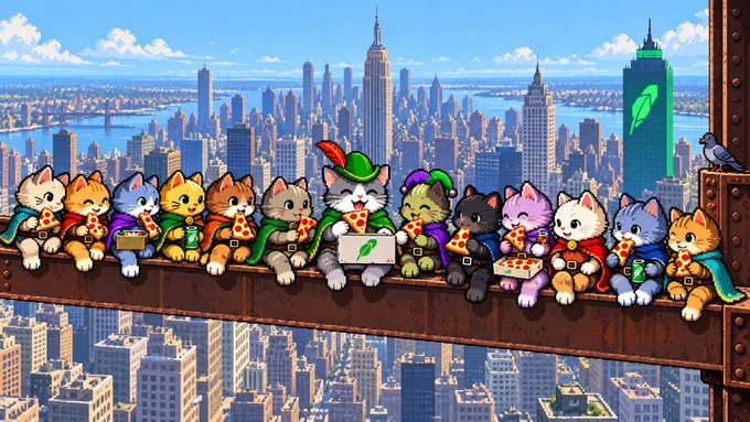 A whimsical pixel-art illustration shows a lineup of costumed cats enjoying pizza on a steel girder high above the New York City skyline, with the Empire State Building visible in the background and "$ROBINCAT" branding on a laptop—tying directly to the post's mention of Robinhood Chain and the $ROBINCAT meme token.
