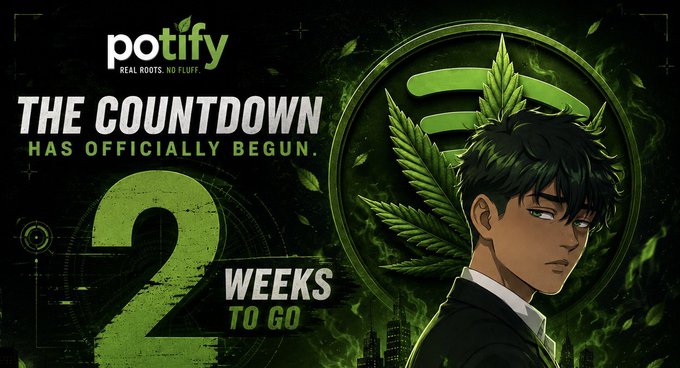 Promotional graphic for Potify featuring an anime-style character with a cannabis leaf backdrop, announcing 'The Countdown Has Officially Begun - 2 Weeks to Go.'