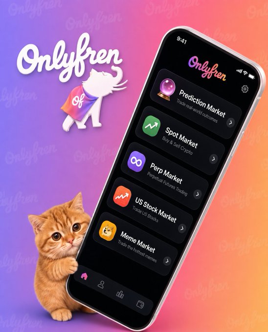 Marketing image for the Onlyfrens app showing a smartphone displaying its markets (Prediction Market, Spot Market, Perpetual Market, US Stock Market, Meme Market) alongside an orange kitten mascot.