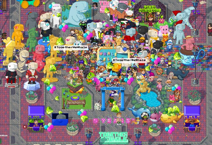 A crowded pixel art virtual gathering featuring numerous avatars, characters, and balloons on a tiled plaza with signs reading '#TogetherWeWhale' and 'PIXEL DUNGEONS'.
