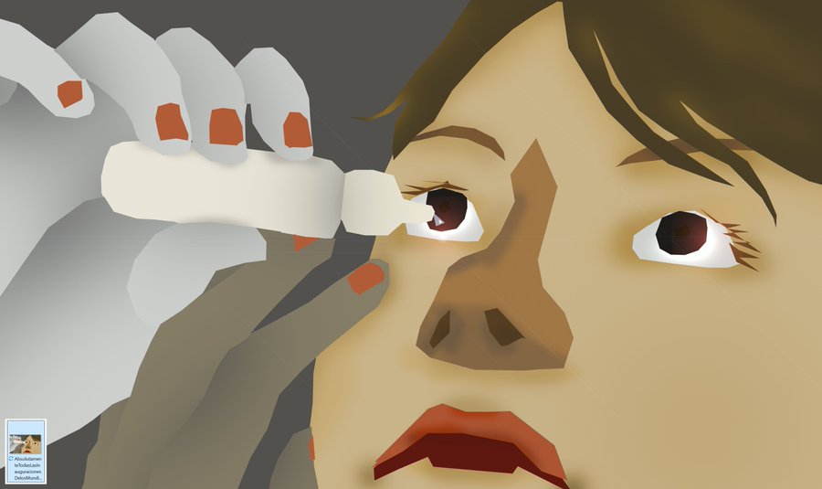 A digital illustration shows a close-up of a person's face as a hand with orange fingernails applies a white tube of makeup or cream near their eye.