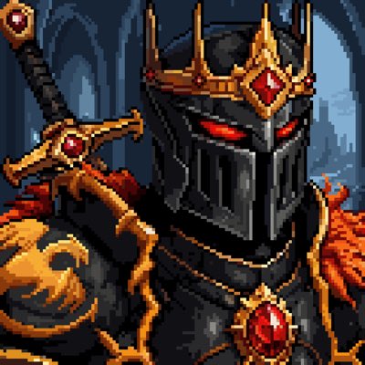 The image shows a pixel art portrait of a knight in dark armor, glowing red eyes, a golden crown with a red gem, a dragon sigil on the chest plate, and an ornate sword with a ruby handle—presented as the custom "KNIGHT" profile character for the user's @Oligarchxyz (Oli) NFT on Solana.