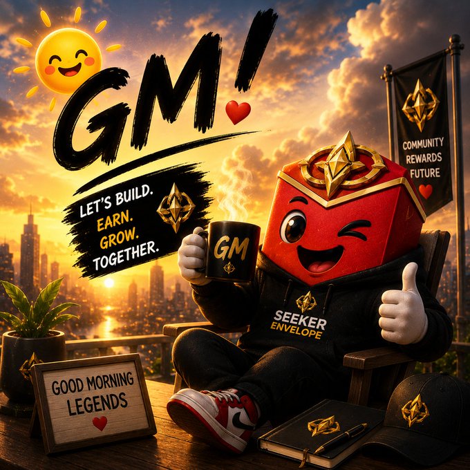 A digital graphic with 'GM!' text, featuring a winking red mascot holding a coffee mug with 'GM' on it, alongside 'LET'S BUILD. EARN. GROW. TOGETHER.' and 'GOOD MORNING LEGENDS'.