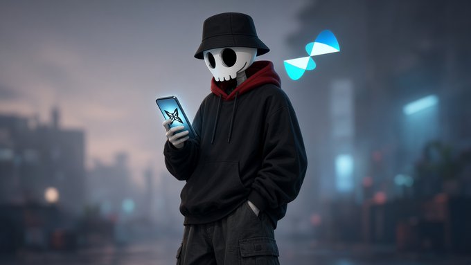 A digital artwork depicting a stylized figure wearing a black hoodie, bucket hat, and a white skull mask, holding a glowing blue smartphone against a blurred nighttime city skyline.