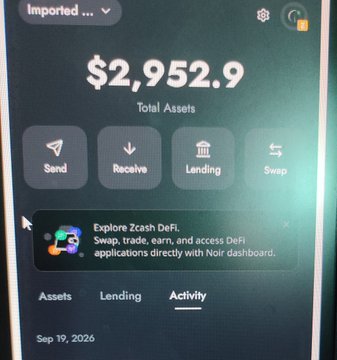 Mobile screen showing a crypto wallet interface with total assets of $2,952.9 and options for Send, Receive, Lending, and Swap.