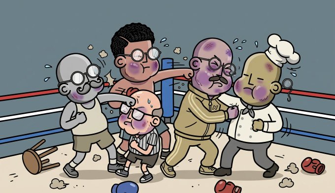 A cartoon illustration depicting a chaotic boxing match between five characters with bruised faces, including a chef, a child, and men in glasses, inside a ring.