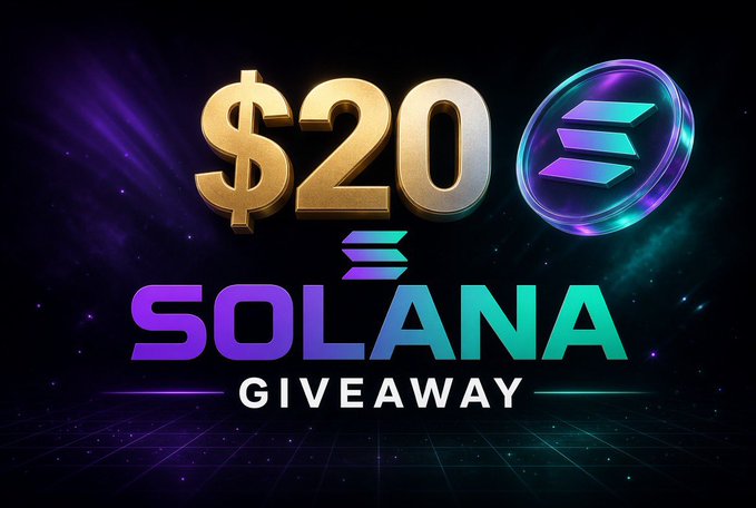 A promotional graphic with the text '$20 SOLANA GIVEAWAY' featuring gold 3D text and a glowing Solana logo against a cosmic background.