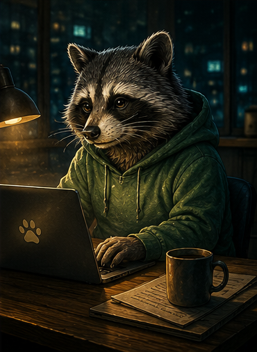 A digital illustration of a raccoon wearing a green hoodie working on a laptop at a desk with a coffee mug, set against a nighttime city backdrop.