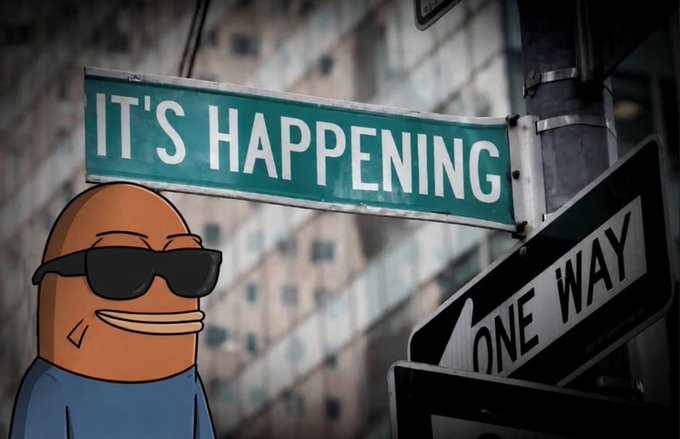 A smug cartoon orange wearing sunglasses stands beneath a street sign reading "IT'S HAPPENING," with a "ONE WAY" sign visible nearby—visually reinforcing the post's message that the $BOB holder is confidently prepared, with no turning back, as the anticipated moment arrives.
