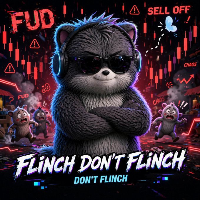 A stylized digital artwork featuring a confident grey raccoon wearing sunglasses and headphones with arms crossed, surrounded by smaller panicked animals, with the text 'FUD', 'SELL OFF', 'CHAOS', and 'FLINCH DON'T FLINCH'.
