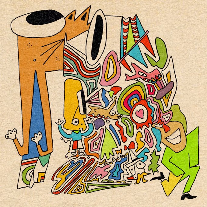 A colorful abstract drawing features stylized figures, animals, and a heart motif in a psychedelic composition.