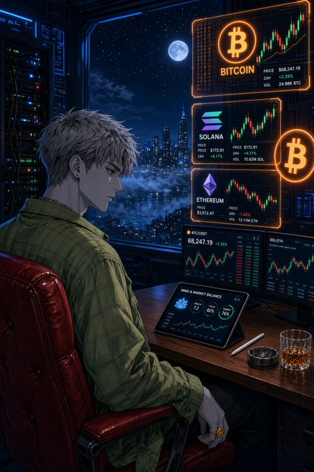 An anime-style illustration of a young man with white hair monitoring cryptocurrency trading screens displaying 'BITCOIN' ($68,247.19), 'SOLANA' ($123.81), and 'ETHEREUM' ($3,512.47) against a nighttime city skyline.