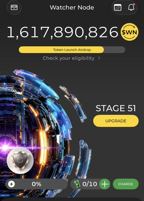 A mobile app screenshot titled 'Watcher Node' showing a balance of '1,617,890,826 $WN' tokens, a 'Token Launch Airdrop' progress bar, and a 'STAGE 51 UPGRADE' option.