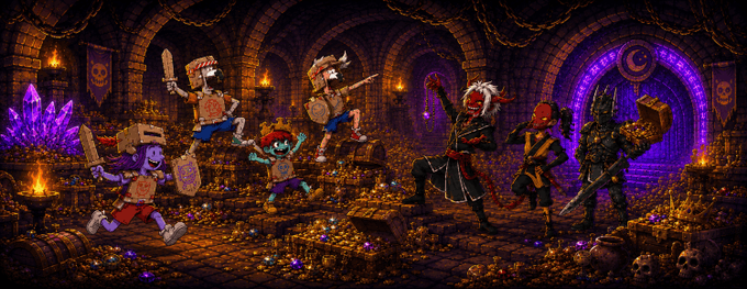 A pixel-art dungeon scene shows skeletons and warriors battling amid piles of gold treasure, with a purple portal and large purple crystal in the background.