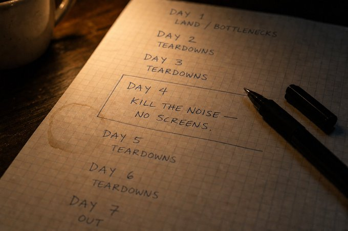 A handwritten 7-day plan on grid paper with a pen beside it, listing 'DAY 1 LAND / BOTTLENECKS', 'DAY 2 TEARDOWNS', 'DAY 3 TEARDOWNS', 'DAY 4 KILL THE NOISE - NO SCREENS' (highlighted in a box), 'DAY 5 TEARDOWNS', 'DAY 6 TEARDOWNS', and 'DAY 7 OUT'.