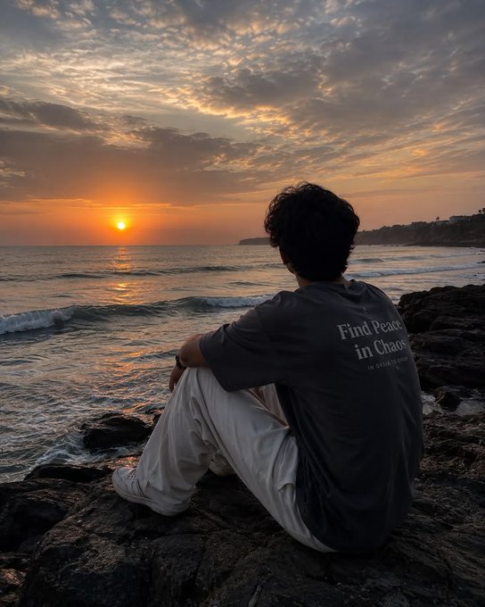 A person sits on rocks by the ocean watching a sunset, wearing a gray shirt that reads 'Find Peace in Chaos' with 'IN SPORTS WE TRUST' below.