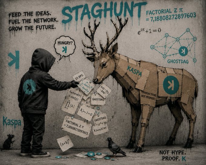 A street art-style mural titled 'STAGHUNT' shows a hooded figure feeding mathematical papers to a cardboard deer labeled 'KASPA,' with text including 'FEED THE IDEAS. FUEL THE NETWORK. GROW THE FUTURE.', 'GHOSTDAG', 'FACTORIAL Z π = 7,18808272897603', and 'NOT HYPE. PROOF.'