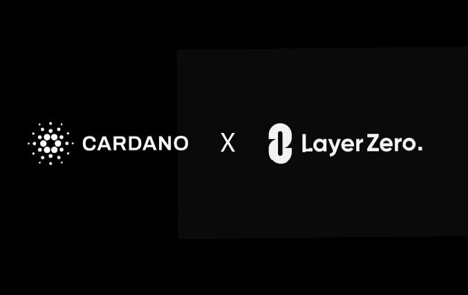 The image features a black background with white text that reads "Cardano x LayerZero" at the top of the frame, followed by "Markets move in cycles. Building doesn'qe stop." The text also mentions "The largest interoperability deployment in Cardano's history is underway." Below this, there are two logos: one for Cardano and another for LayerZero. These logos are positioned side by side on a black background, with the Cardano logo being slightly larger than the LayerZero logo.