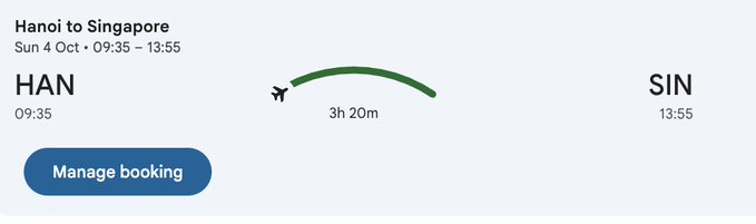 The image shows a flight booking summary for a trip from Hanoi (HAN) to Singapore (SIN) on Sunday, October 4th, departing at 09:35 and arriving at 13:55, with a flight duration of 3 hours and 20 minutes. This supports the post by confirming the speaker's upcoming travel to Singapore, likely for the crypto/community events they mention rather than Token2049 itself.