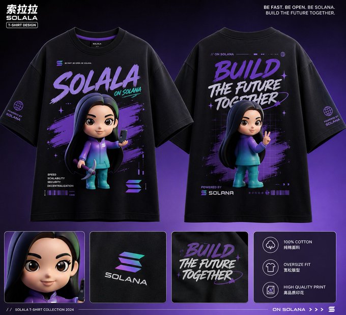 A promotional product image for a 'SOLALA ON SOLANA' t-shirt featuring an anime-style character, with the text 'BUILD THE FUTURE TOGETHER' and details about 100% cotton and oversize fit.