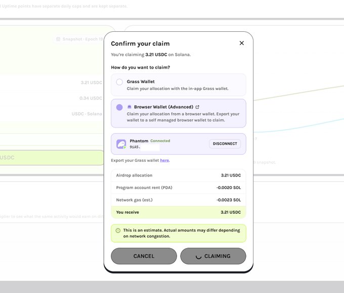 A 'Confirm your claim' dialog box for claiming 3.21 USDC on Solana, showing options for Grass Wallet, Browser Wallet (Advanced), and Phantom (Connected), with a breakdown of allocation and gas fees.