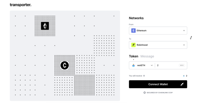 A screenshot of a crypto token transfer interface on 'transporter.' showing a transfer of 2 wstETH from Ethereum network to a Robinhood wallet, with a Connect Wallet button.
