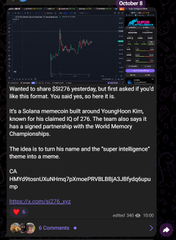 A Reddit post in r/Coinbase from user 'SUPER ANALYST!' shares a $SIZZ meme coin chart, stating 'the hype also saw it has a signed partnership with the World Memory Championships.'