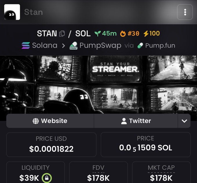 PumpSwap token page for STAN/SOL showing a price of $0.0001822, $39K liquidity, $178K FDV, with the banner reading 'STAN YOUR STREAMER'.